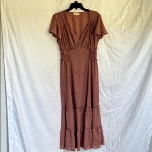 Brown Tiered Ruffled Maxi Dress with Plunge Neckline